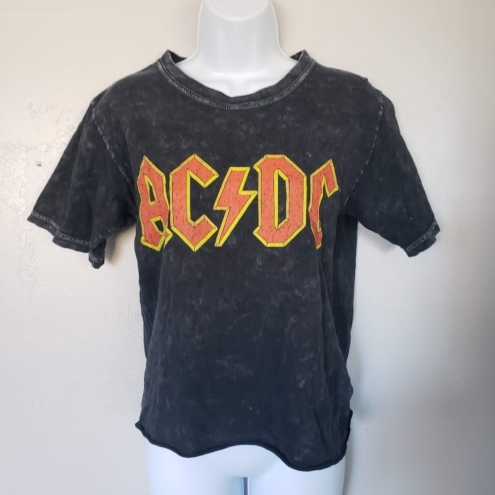 AC/DC Black Short Sleeve Crop Top T-shirt Acid Wash Band Tee Grunge Punk